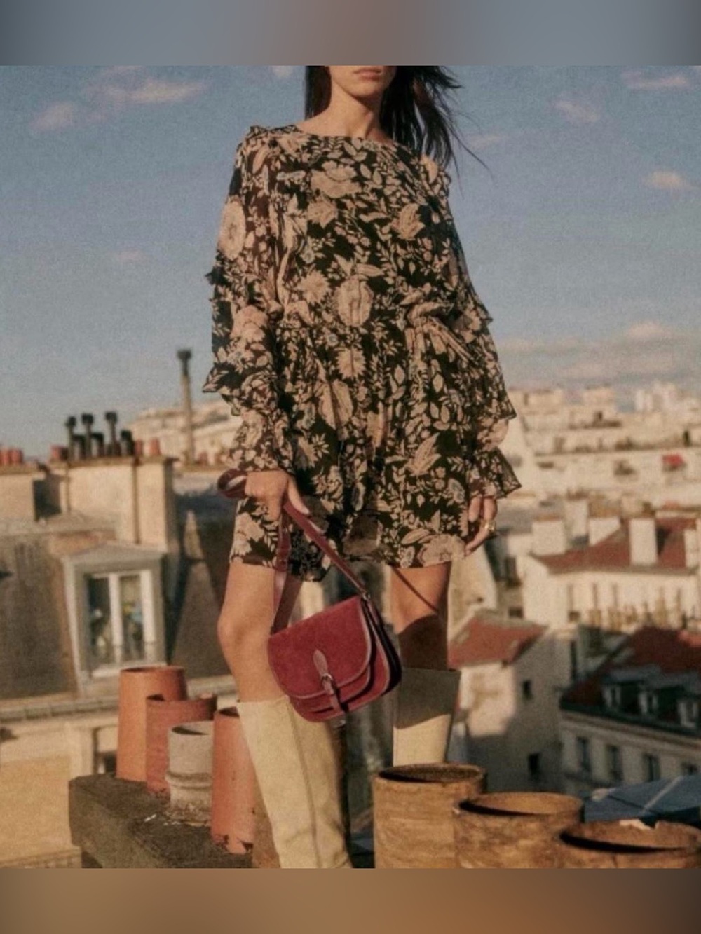Sezane fall autumn Black Mini Dress with Cream Floral Print